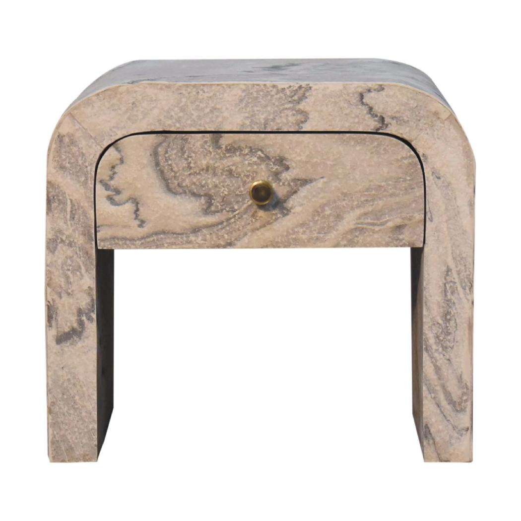 Nouveau Marble Effect Bedside Table | Solid Mango Wood | Oak-Ish Interior | 1 Drawer