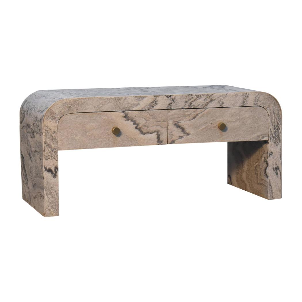 Nouveau Marble Effect Media Unit | Solid Mango Wood | Oak-Ish Interior | 2 Drawer TV Stand