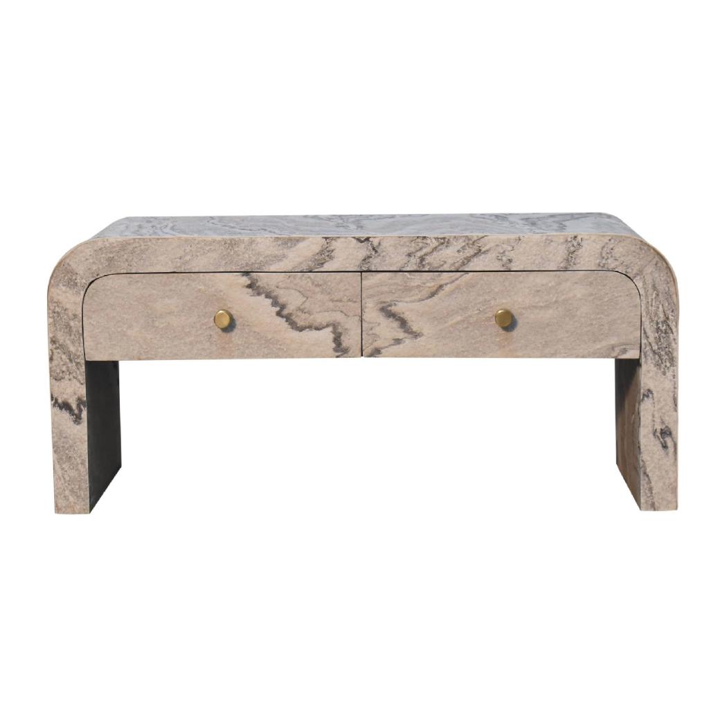 Nouveau Marble Effect Media Unit | Solid Mango Wood | Oak-Ish Interior | 2 Drawer TV Stand
