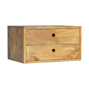 Oak Finish Wall Mounted Bedside Table | 2 Drawers | Solid Mango Wood