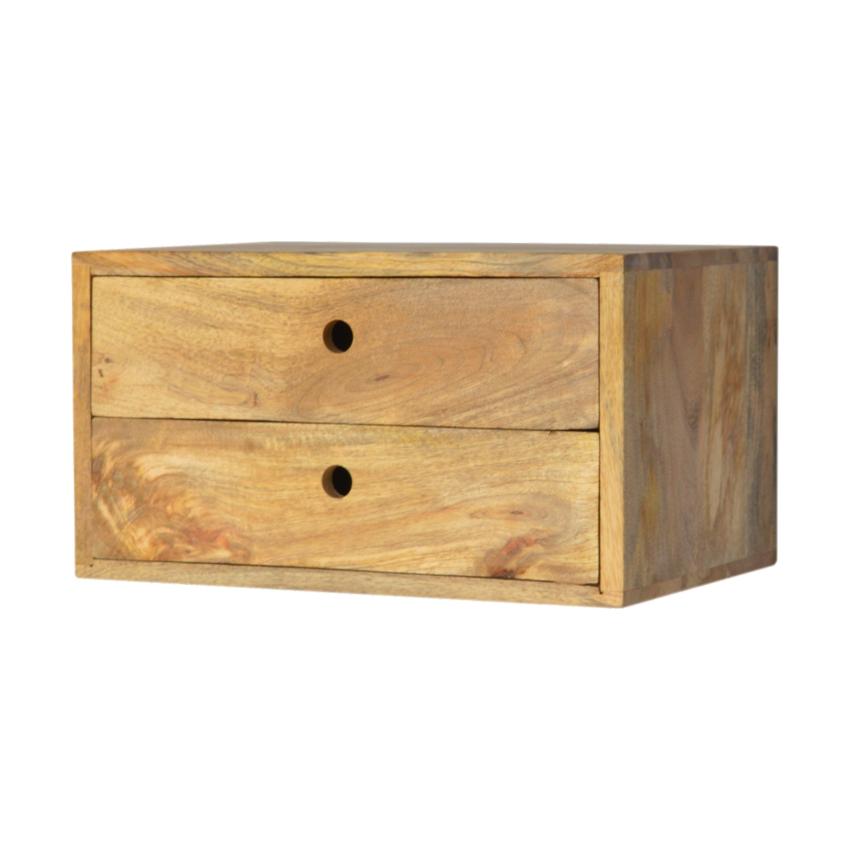 Oak Finish Wall Mounted Bedside Table | 2 Drawers | Solid Mango Wood