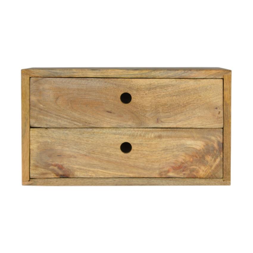 Oak Finish Wall Mounted Bedside Table | 2 Drawers | Solid Mango Wood