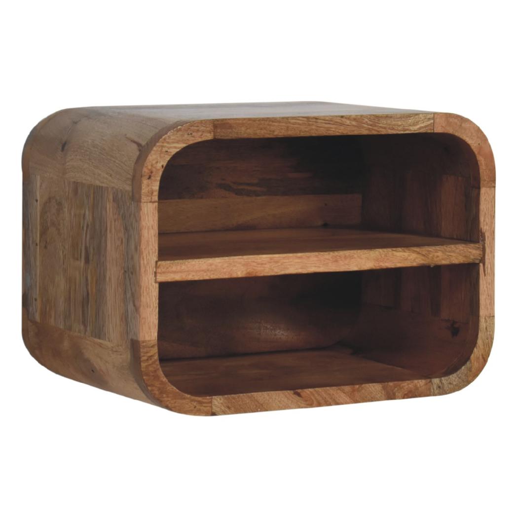 Oak Floating Curved Bedside Table | Solid Mango Wood | Oak Finish | 2 Open Shelf Wall Nightstand