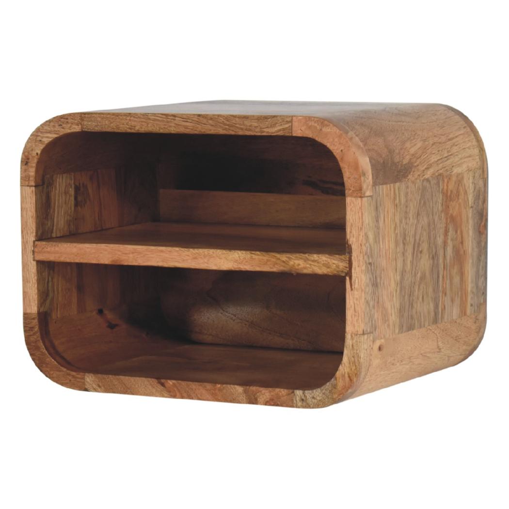 Oak Floating Curved Bedside Table | Solid Mango Wood | Oak Finish | 2 Open Shelf Wall Nightstand