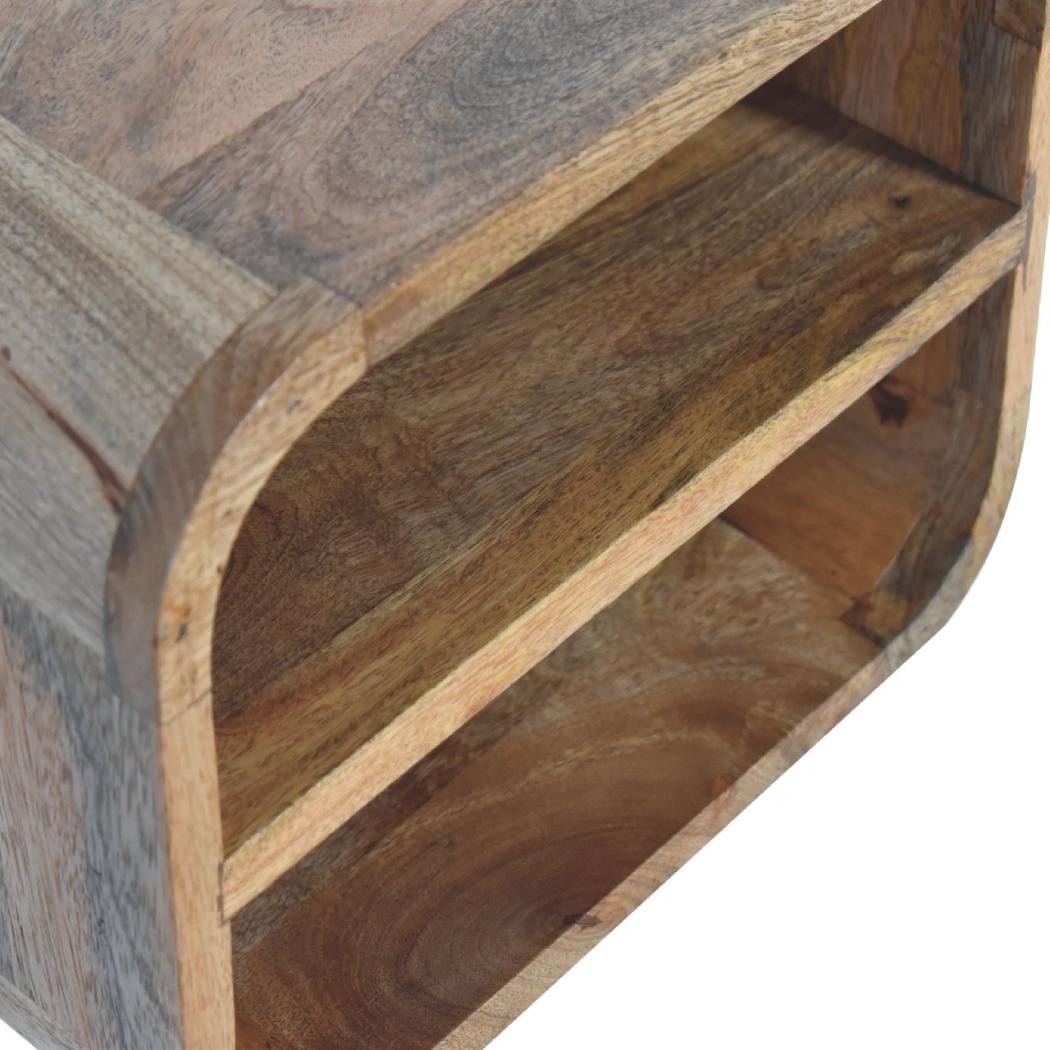 Oak Floating Curved Bedside Table | Solid Mango Wood | Oak Finish | 2 Open Shelf Wall Nightstand
