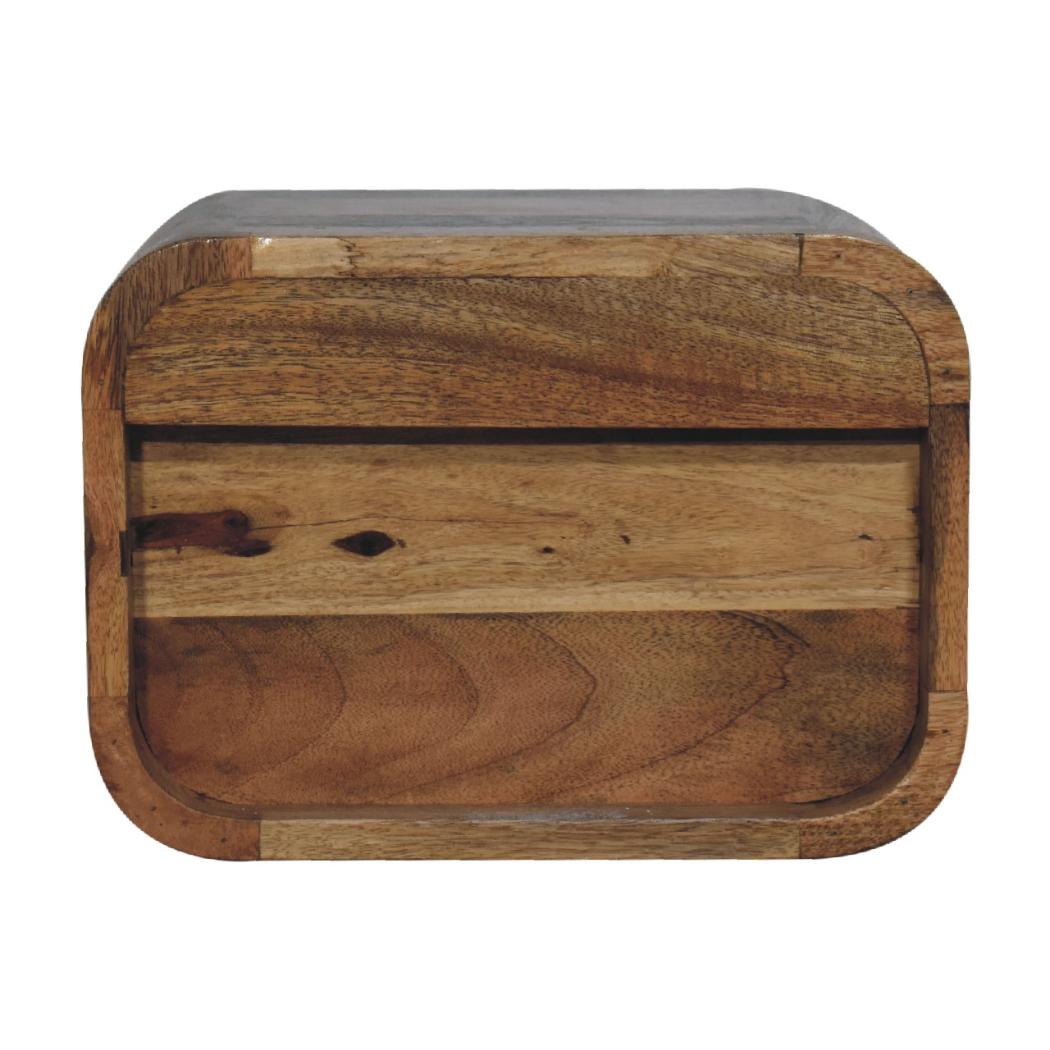 Oak Floating Curved Bedside Table | Solid Mango Wood | Oak Finish | 2 Open Shelf Wall Nightstand