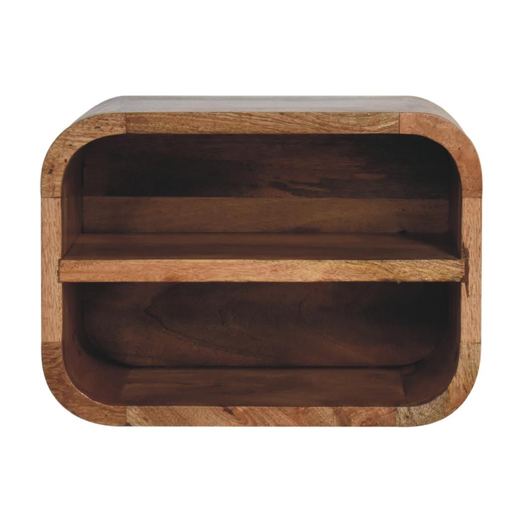 Oak Floating Curved Bedside Table | Solid Mango Wood | Oak Finish | 2 Open Shelf Wall Nightstand