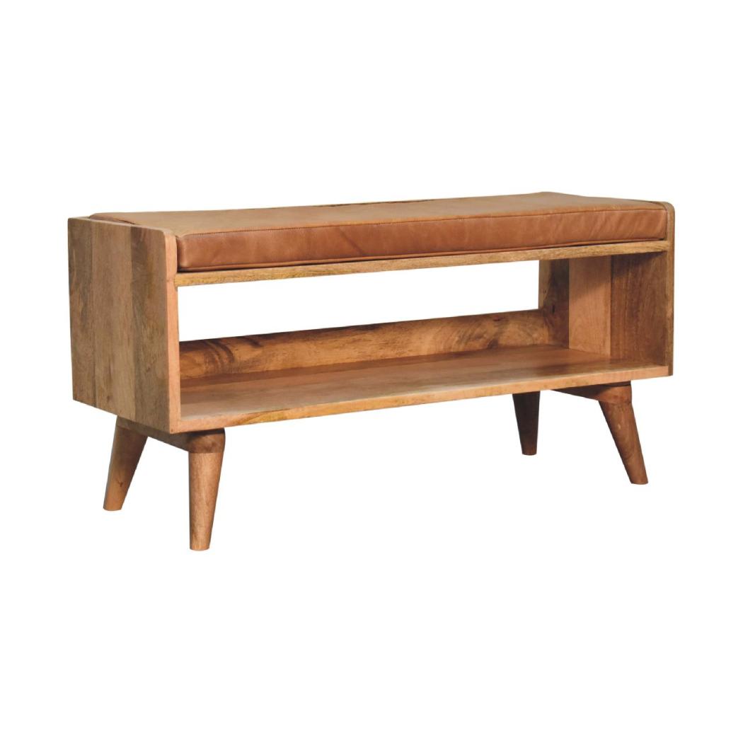 Oak-Inspired Bench with Tan Leather Seatpad | Artisan-Crafted Design