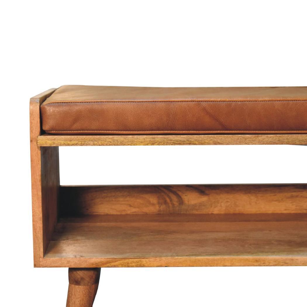 Oak-Inspired Bench with Tan Leather Seatpad | Artisan-Crafted Design