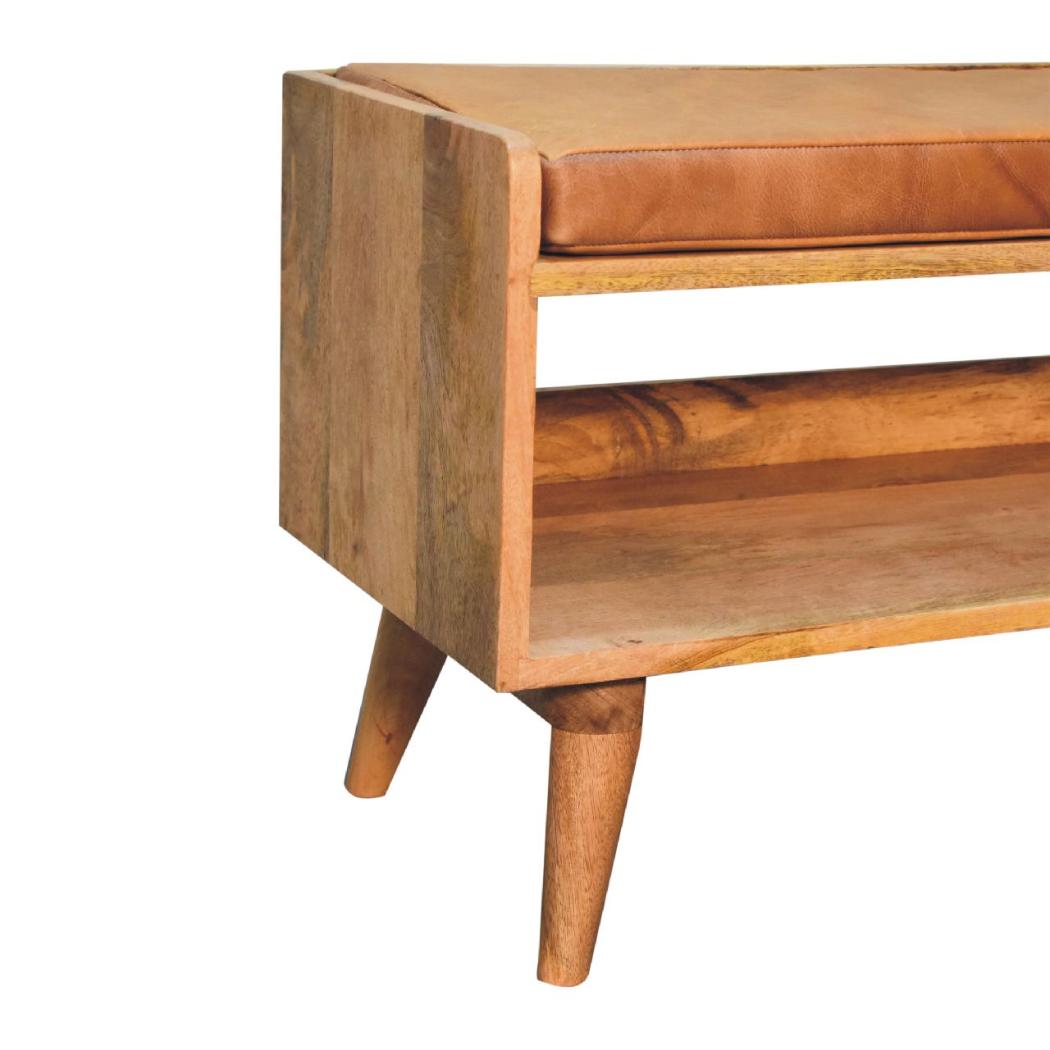 Oak-Inspired Bench with Tan Leather Seatpad | Artisan-Crafted Design