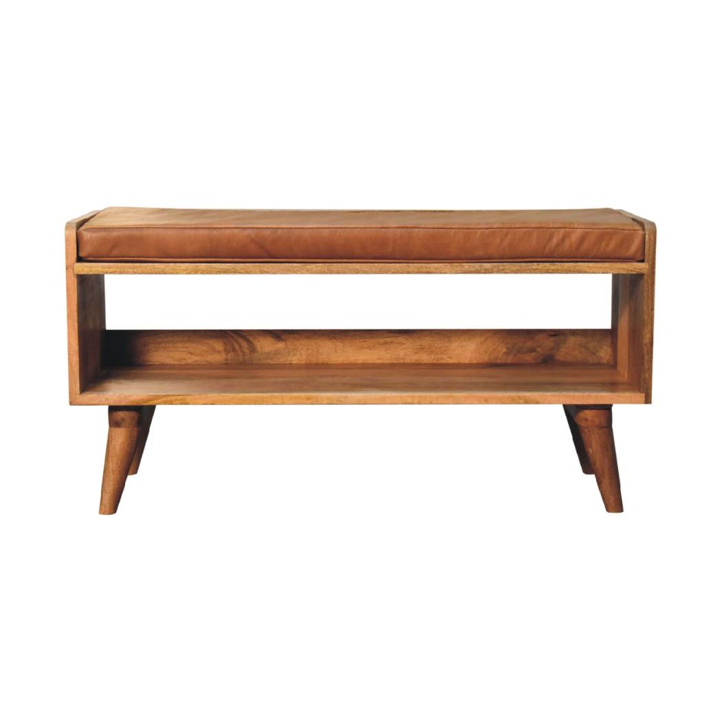 Oak-Inspired Bench with Tan Leather Seatpad | Artisan-Crafted Design