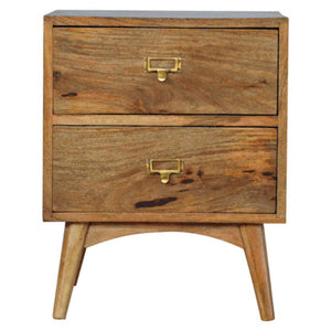 Oak-Style Bedside Table | 2 Drawers | Brass Label Holder Handles