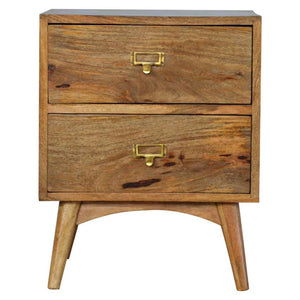 Oak-Style Bedside Table | 2 Drawers | Brass Label Holder Handles