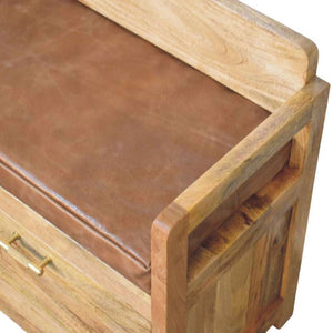 Oakish Storage Bench | Brown Leather Seat | Hallway Storage