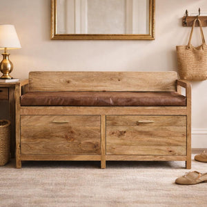 Oakish Storage Bench | Brown Leather Seat | Hallway Storage