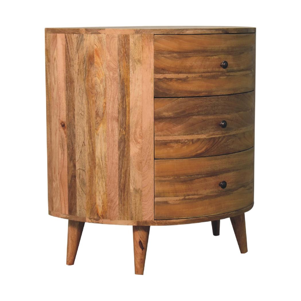 Odyssey Curved Chest of Drawers | Solid Mango Wood | Oak Finish | 3 Drawer Storage Chest