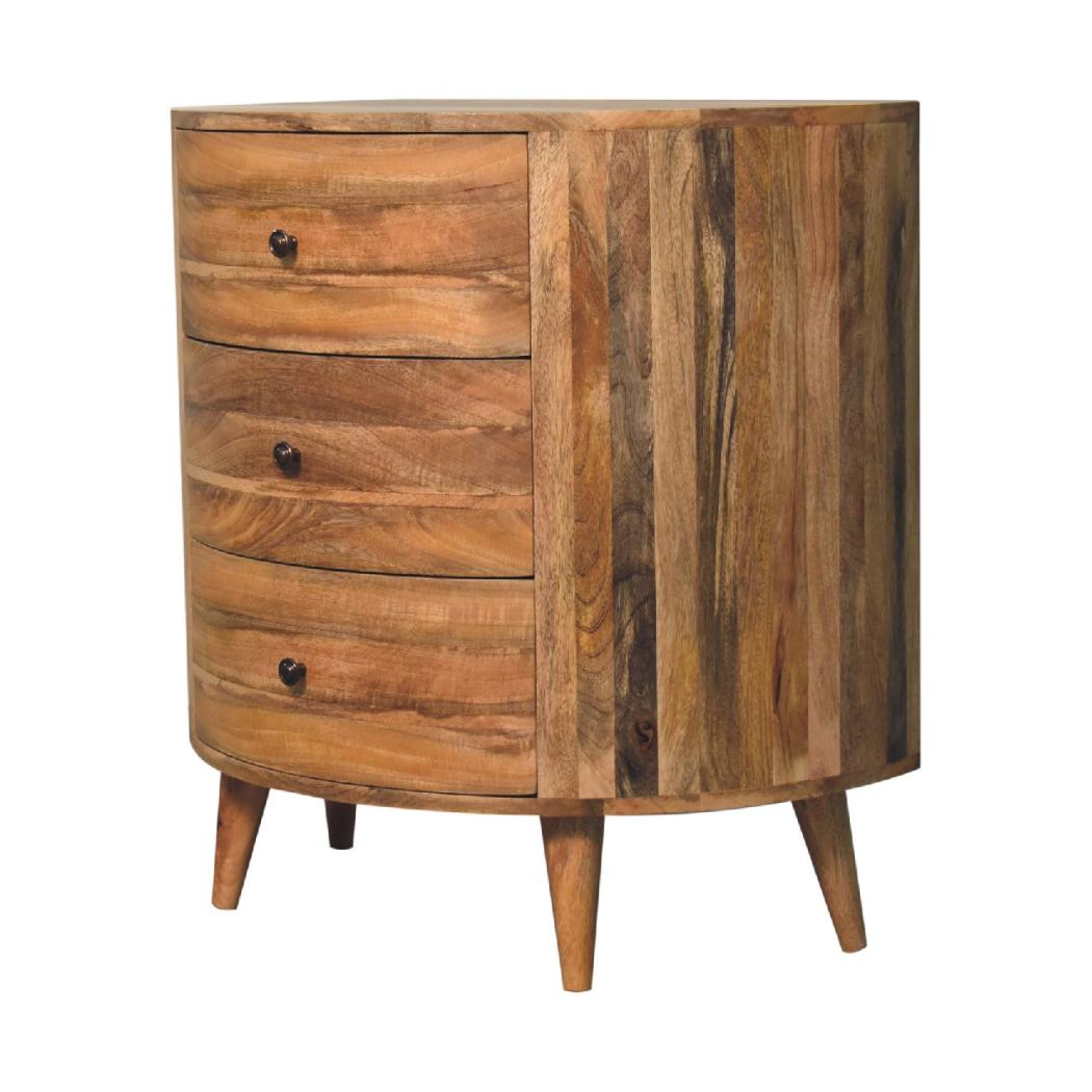 Odyssey Curved Chest of Drawers | Solid Mango Wood | Oak Finish | 3 Drawer Storage Chest