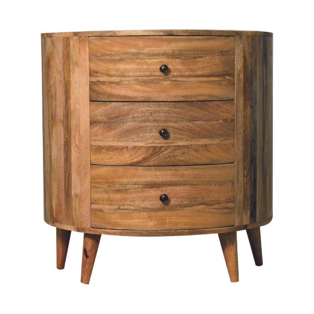 Odyssey Curved Chest of Drawers | Solid Mango Wood | Oak Finish | 3 Drawer Storage Chest