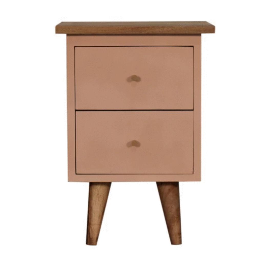 Olive Hand Painted Bedside Table | Solid Mango Wood | Oak Finish | 2 Drawer Nightstand