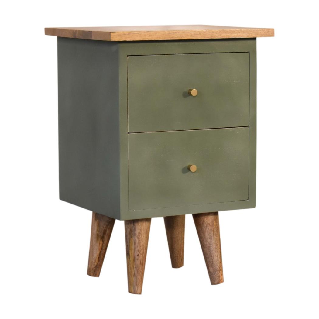 Olive Hand Painted Bedside Table | Solid Mango Wood | Oak Finish | 2 Drawer Nightstand