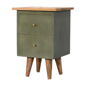 Olive Hand Painted Bedside Table | Solid Mango Wood | Oak Finish | 2 Drawer Nightstand