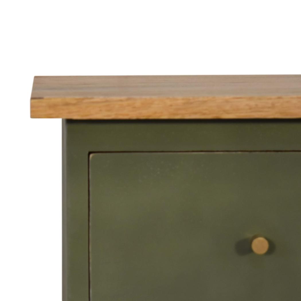 Olive Hand Painted Bedside Table | Solid Mango Wood | Oak Finish | 2 Drawer Nightstand