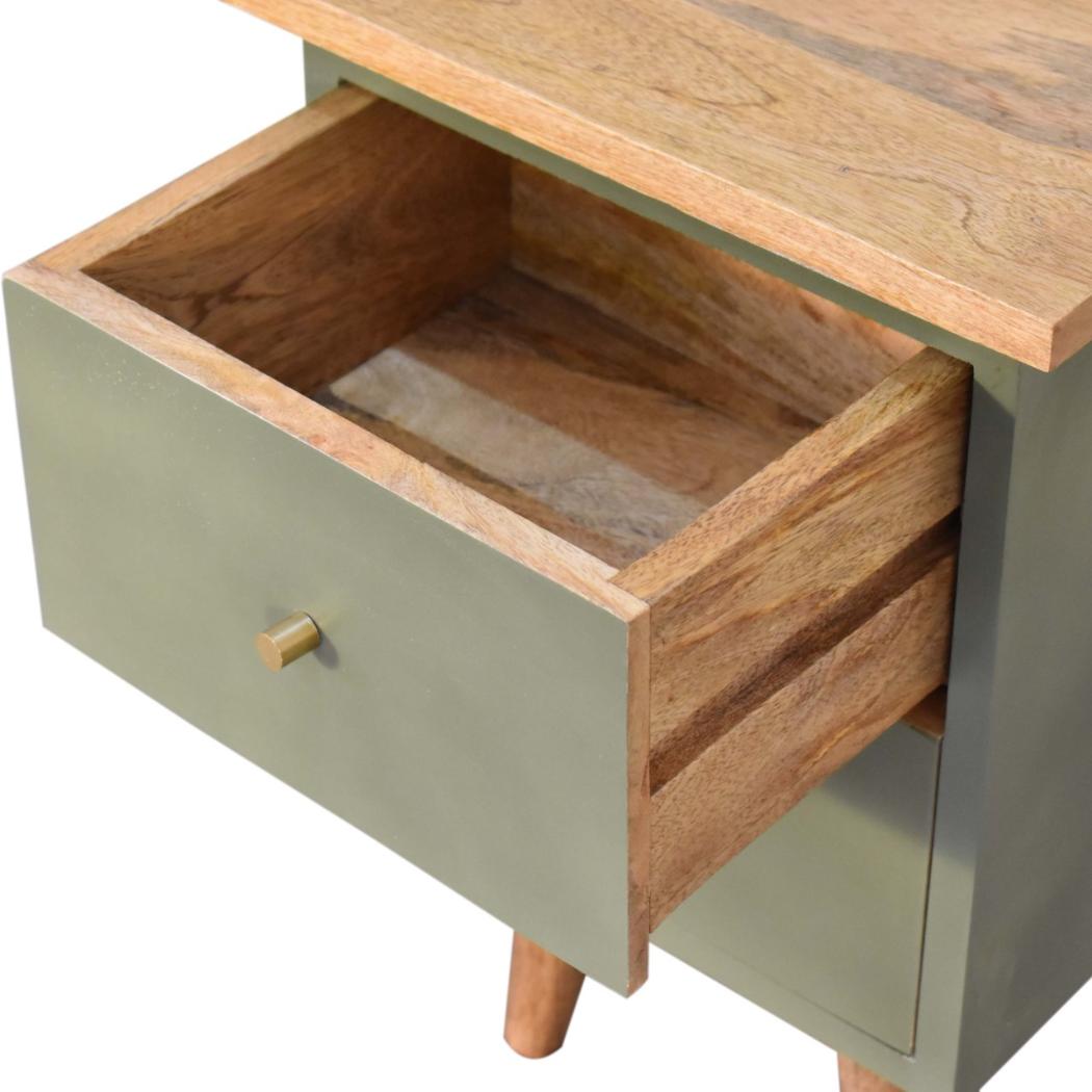 Olive Hand Painted Bedside Table | Solid Mango Wood | Oak Finish | 2 Drawer Nightstand