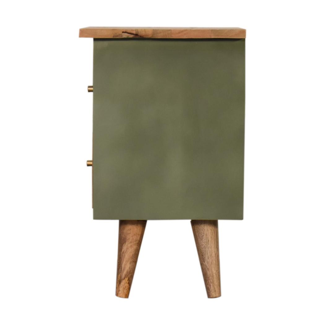 Olive Hand Painted Bedside Table | Solid Mango Wood | Oak Finish | 2 Drawer Nightstand
