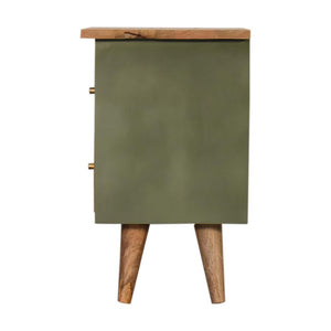 Olive Hand Painted Bedside Table | Solid Mango Wood | Oak Finish | 2 Drawer Nightstand