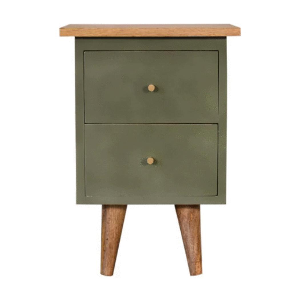 Olive Hand Painted Bedside Table | Solid Mango Wood | Oak Finish | 2 Drawer Nightstand