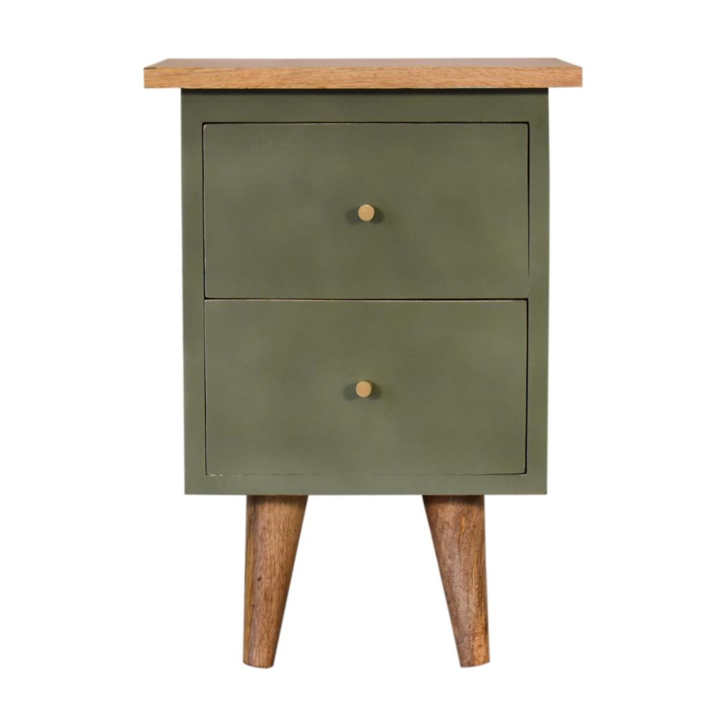 Olive Hand Painted Bedside Table | Solid Mango Wood | Oak Finish | 2 Drawer Nightstand