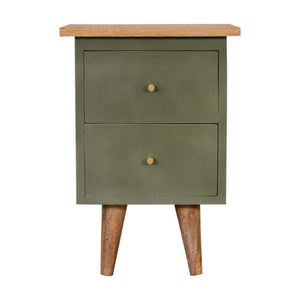 Olive Hand Painted Bedside Table | Solid Mango Wood | Oak Finish | 2 Drawer Nightstand