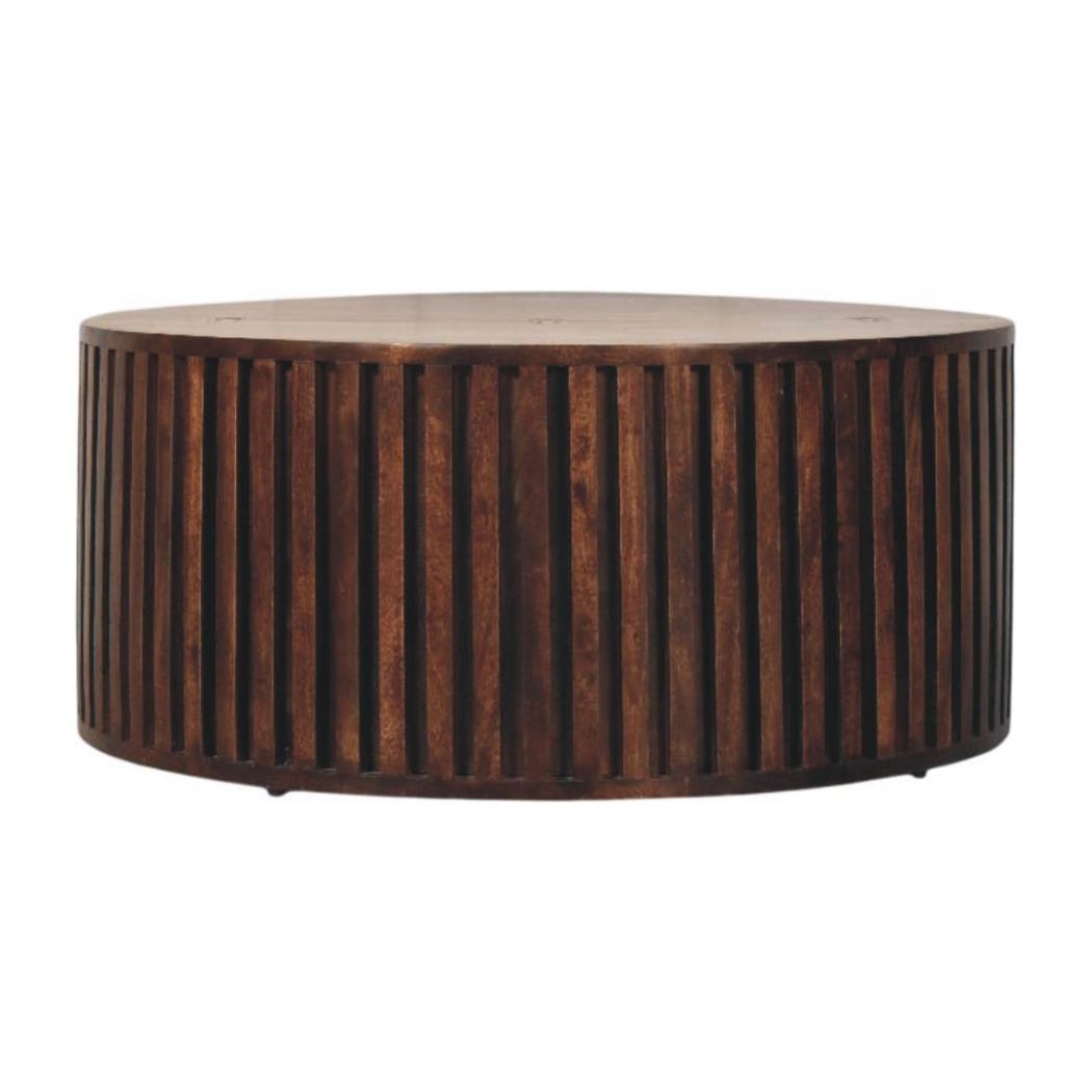 Orion Slatted Coffee Table | Solid Mango Wood | California Walnut Finish | Round Living Room Table