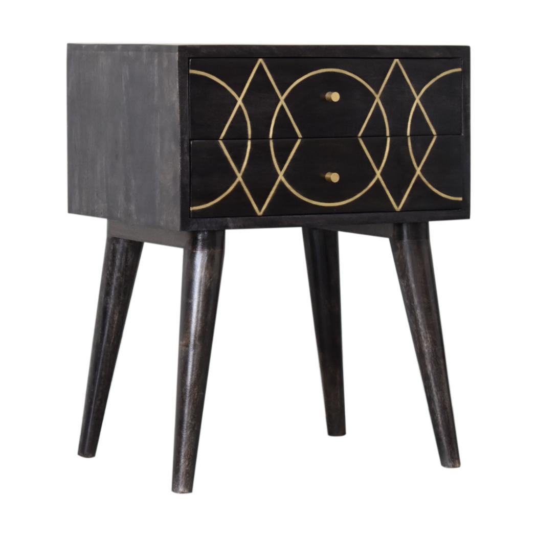 Oslo Brass Inlay Bedside Table | Solid Mango Wood | Ash Black Finish | 2 Drawers