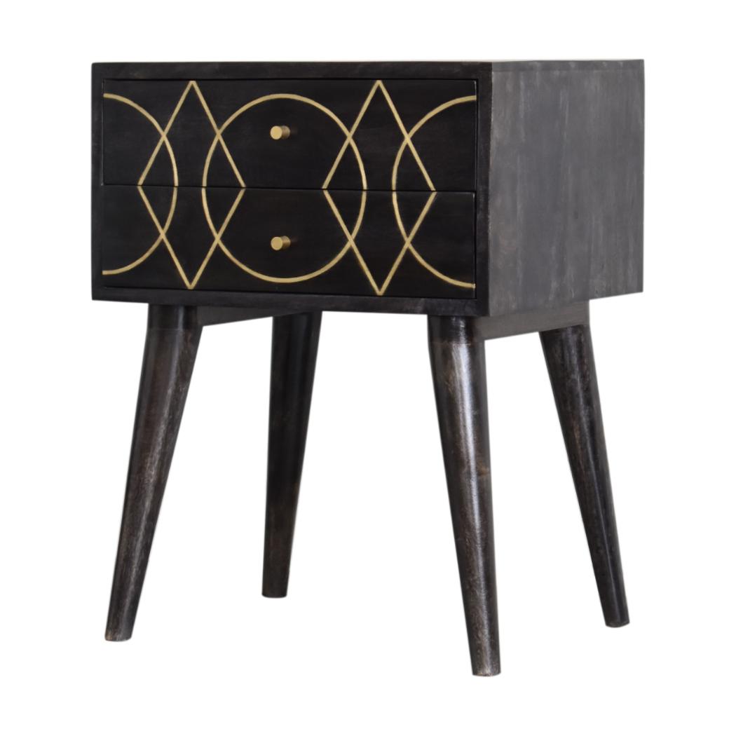Oslo Brass Inlay Bedside Table | Solid Mango Wood | Ash Black Finish | 2 Drawers