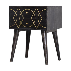 Oslo Brass Inlay Bedside Table | Solid Mango Wood | Ash Black Finish | 2 Drawers