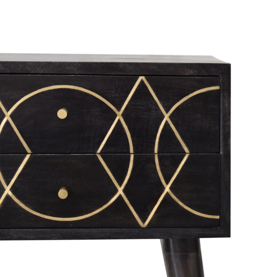 Oslo Brass Inlay Bedside Table | Solid Mango Wood | Ash Black Finish | 2 Drawers