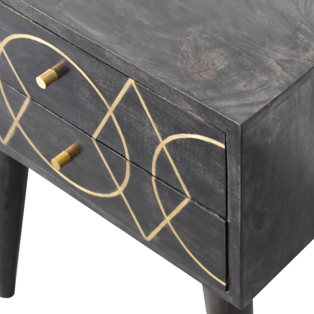 Oslo Brass Inlay Bedside Table | Solid Mango Wood | Ash Black Finish | 2 Drawers