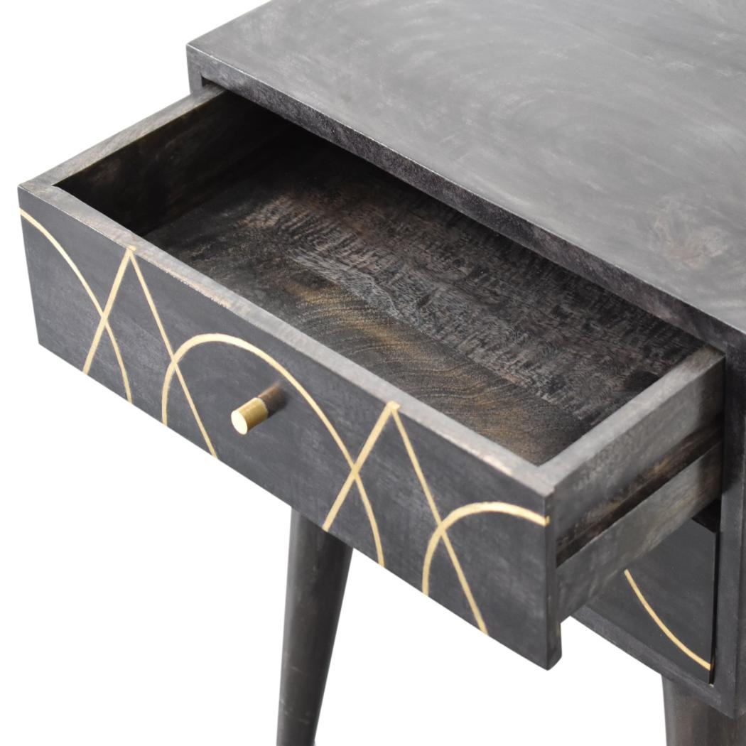 Oslo Brass Inlay Bedside Table | Solid Mango Wood | Ash Black Finish | 2 Drawers