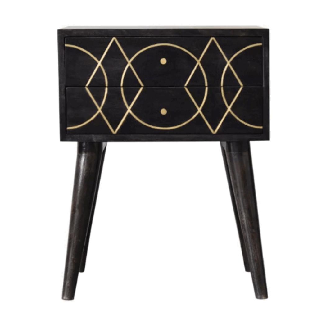 Oslo Brass Inlay Bedside Table | Solid Mango Wood | Ash Black Finish | 2 Drawers