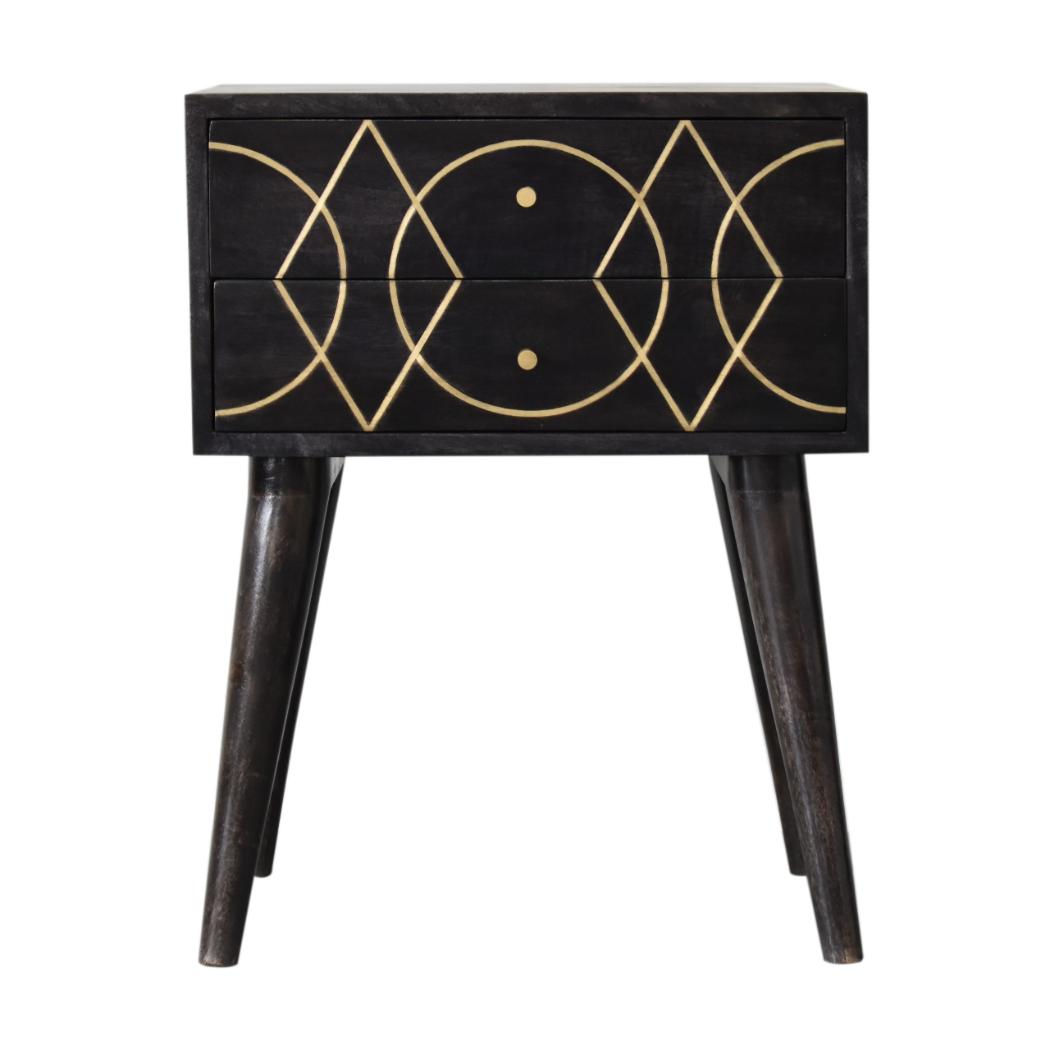 Oslo Brass Inlay Bedside Table | Solid Mango Wood | Ash Black Finish | 2 Drawers