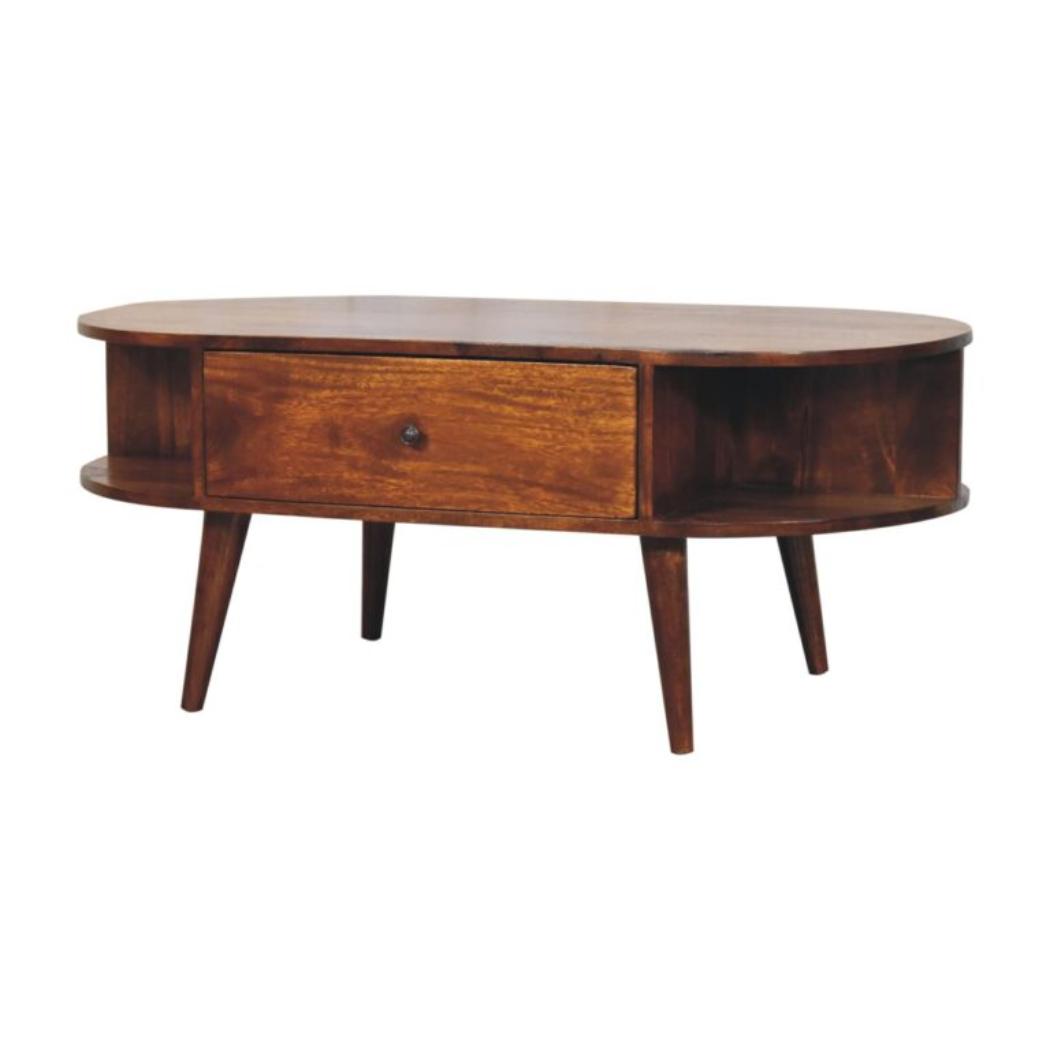 Oval Coffee Table | Solid Mango Wood | Chestnut Finish | 1 Drawer & 2 Open Shelves