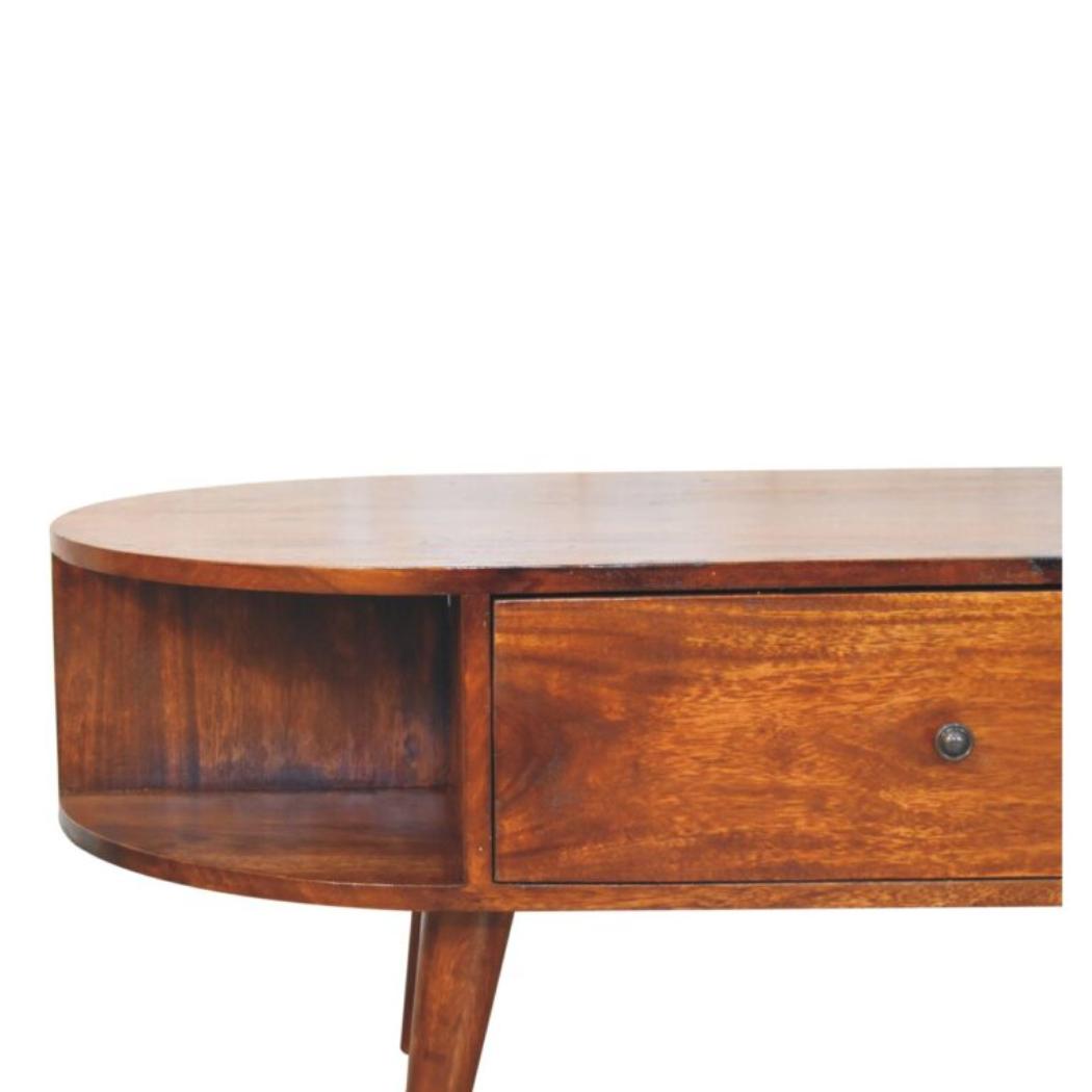 Oval Coffee Table | Solid Mango Wood | Chestnut Finish | 1 Drawer & 2 Open Shelves