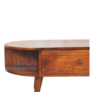 Oval Coffee Table | Solid Mango Wood | Chestnut Finish | 1 Drawer & 2 Open Shelves