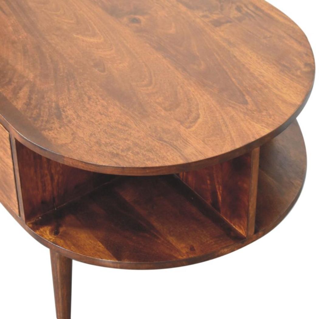 Oval Coffee Table | Solid Mango Wood | Chestnut Finish | 1 Drawer & 2 Open Shelves