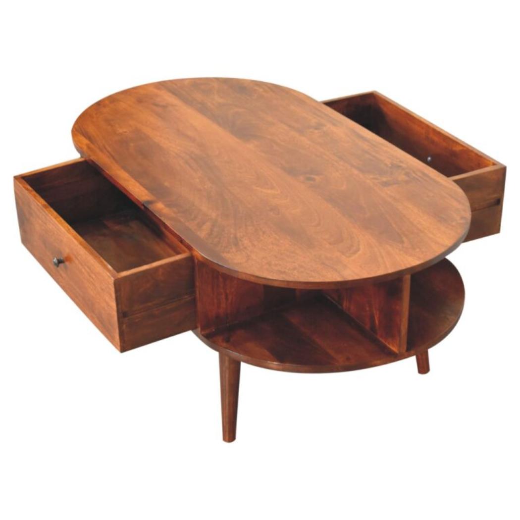 Oval Coffee Table | Solid Mango Wood | Chestnut Finish | 1 Drawer & 2 Open Shelves