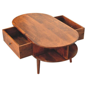 Oval Coffee Table | Solid Mango Wood | Chestnut Finish | 1 Drawer & 2 Open Shelves