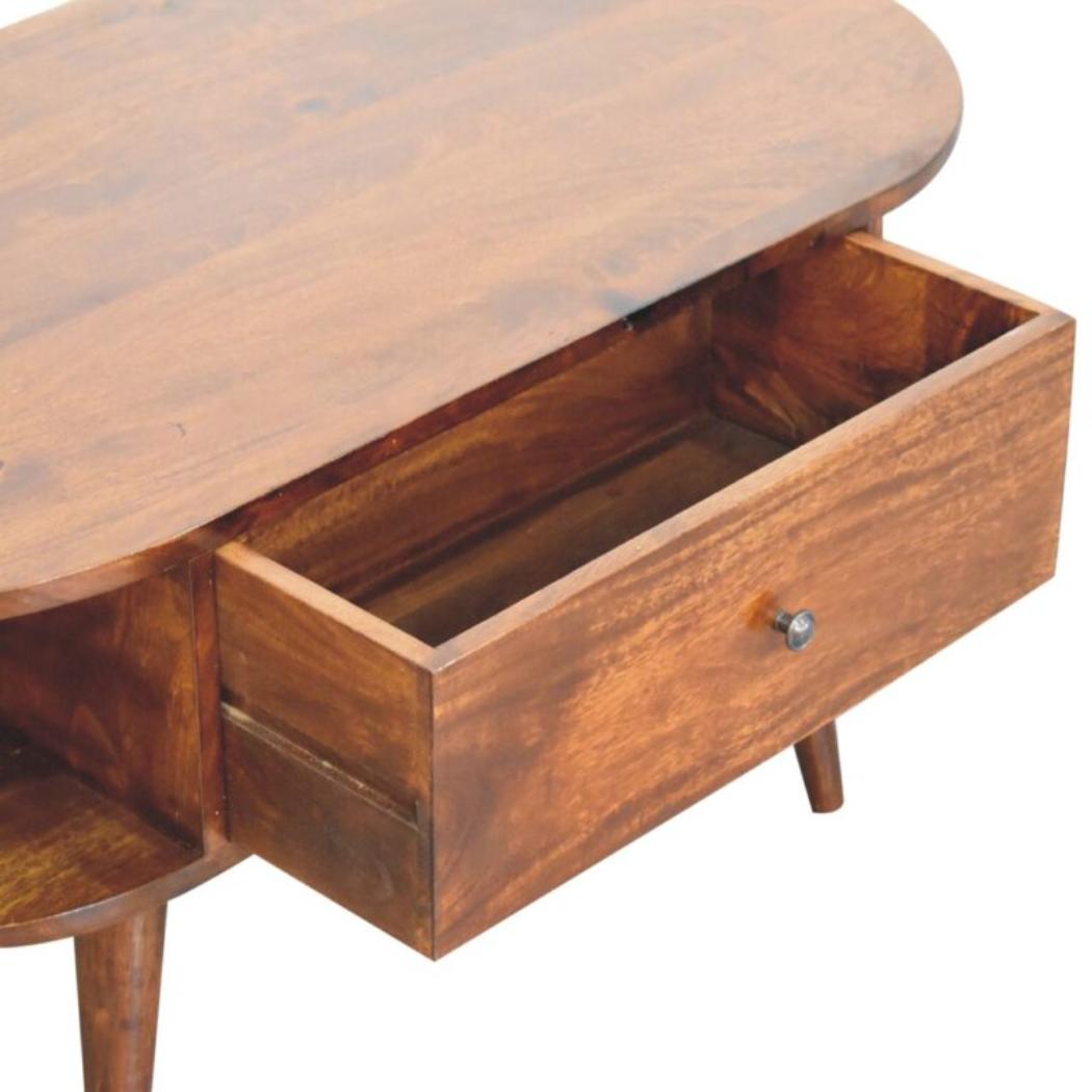 Oval Coffee Table | Solid Mango Wood | Chestnut Finish | 1 Drawer & 2 Open Shelves