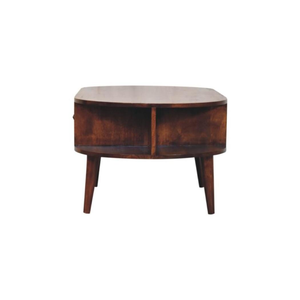 Oval Coffee Table | Solid Mango Wood | Chestnut Finish | 1 Drawer & 2 Open Shelves