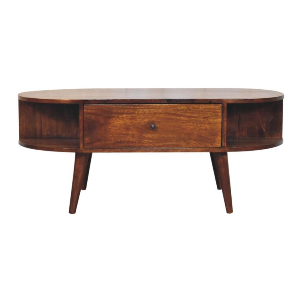 Oval Coffee Table | Solid Mango Wood | Chestnut Finish | 1 Drawer & 2 Open Shelves
